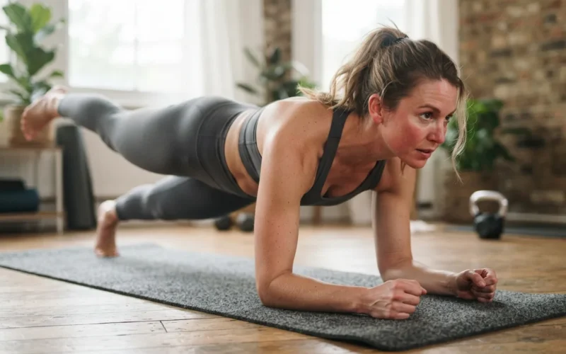 a woman doing a core exercise on a mat