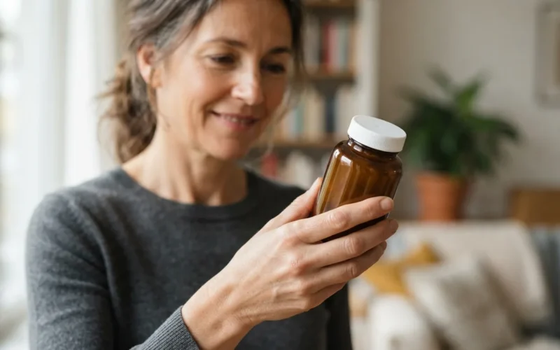 a person holding a bottle of dietary supplements