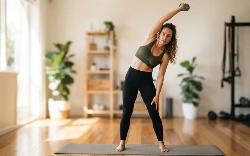 a woman doing a side bend exercise in a gym or home setting