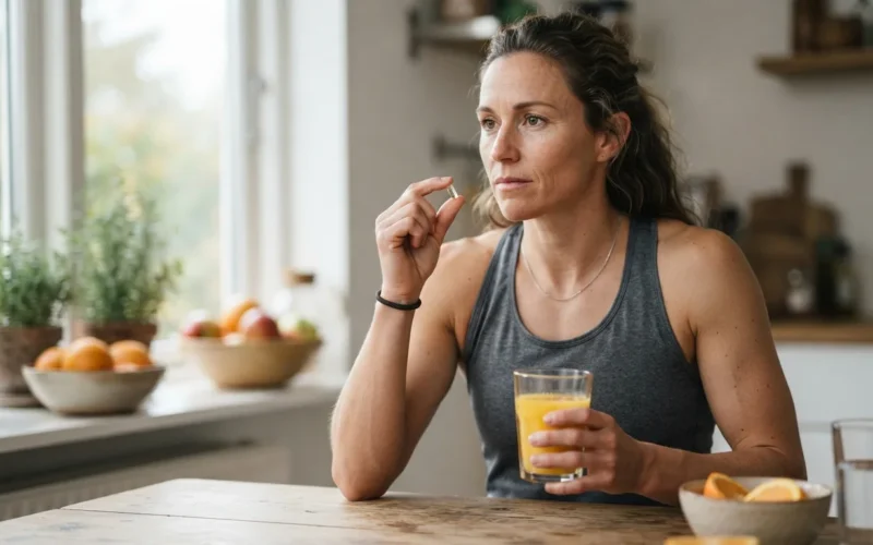 an athlete holding a supplement capsule and a glass of orange juice