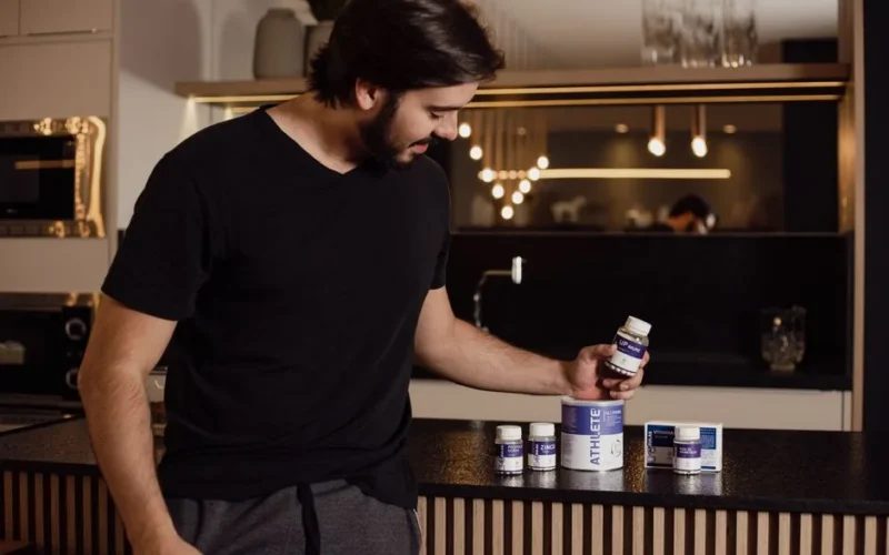 Adult man in modern kitchen examining various health supplements for fitness and wellness.