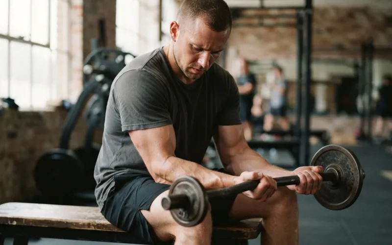 a person doing a forearm exercise with a barbell