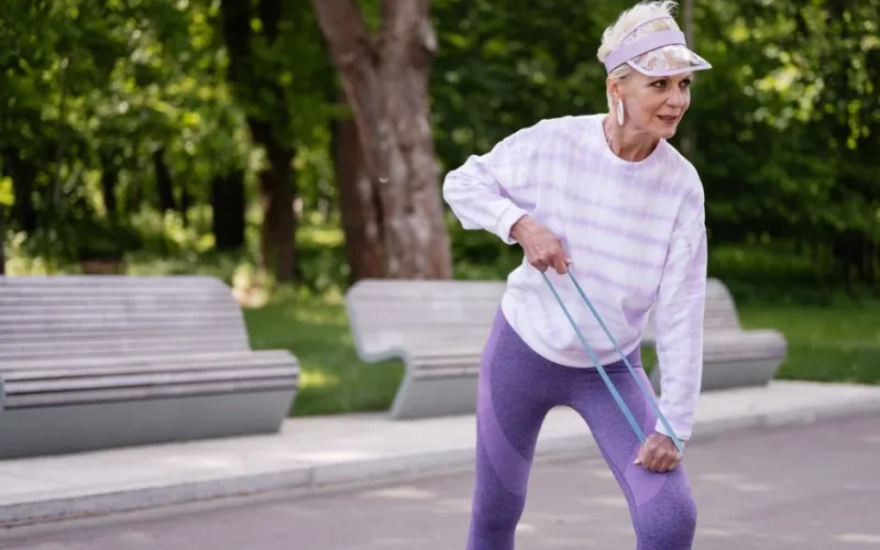 Senior woman performing outdoor exercise with a resistance band in a park setting.