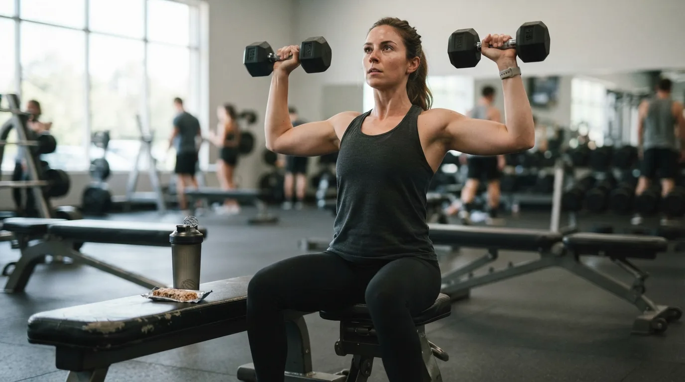 a person lifting weights with a protein bar and shaker on a gym bench