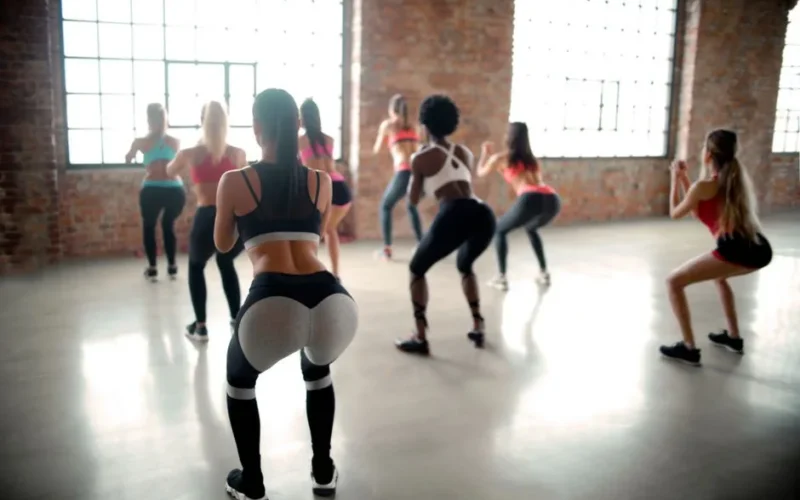 Energetic group of women performing squats in a well-lit gym environment.