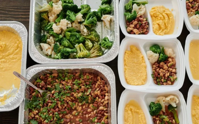 Healthy meal prep with broccoli, beans, and polenta in containers.