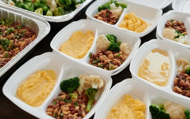 Assorted meal prep containers with beans, broccoli, and mashed potatoes, perfect for healthy eating.